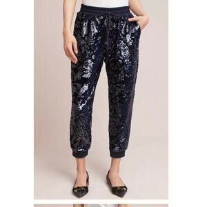 Ett:wa by Anthropologie- Blue Sequinned Elastic Waist Drawstring Joggers-M